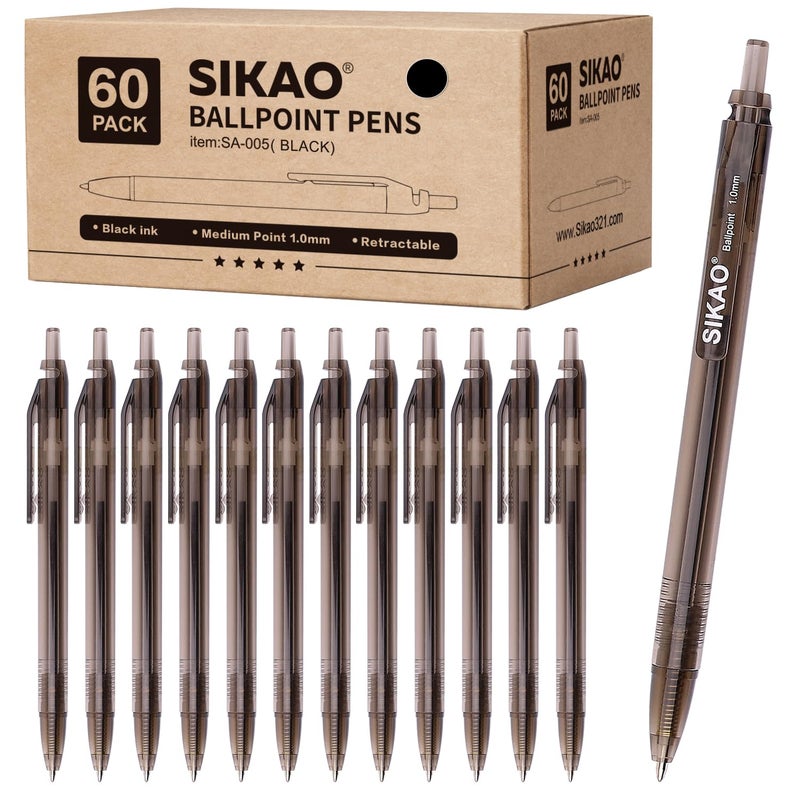 Sikao Black Pens Bulk 60 Pack â€“Smooth Writing 1.0mm Click Black Ballpoint Pens with Translucent Barrel, Reliable Bulk Pens for Office, School, Home & Restaurant Server Use - Image 1